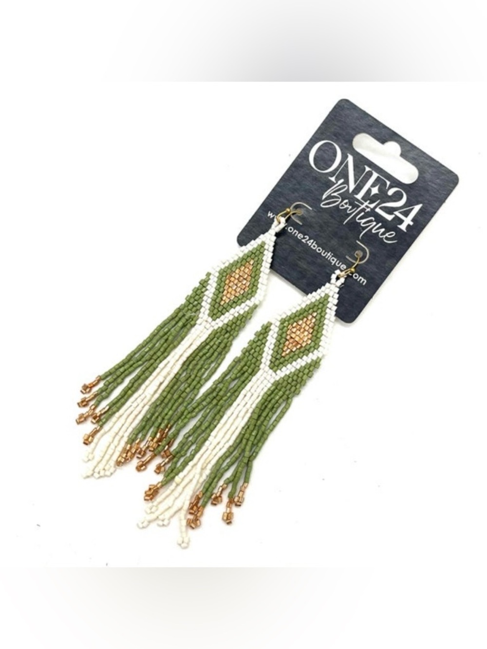 Green and Cream Beaded Fringe Earrings